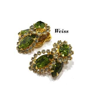 Weiss Green Clear Rhinestone Earrings, Gold Plated, 1960s Vintage Jewelry